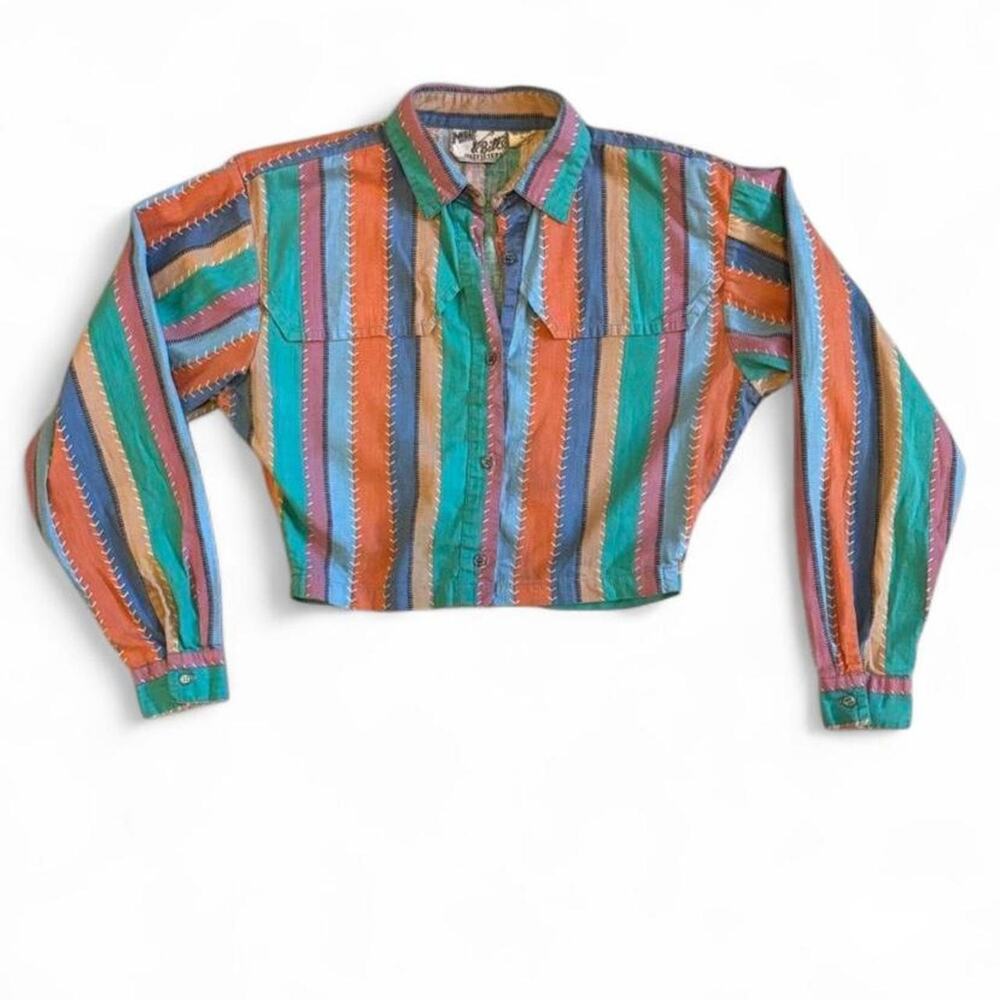 90s Western Stripe Crop Button Up – Southwest Cowgirl Top M - Picture 2 of 8